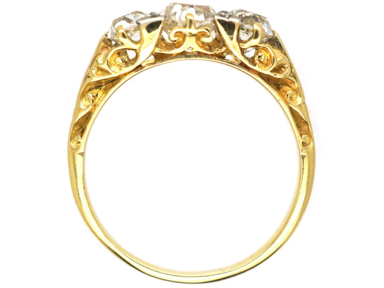 Victorian 18ct Gold Three Stone Diamond Carved Half Hoop Ring