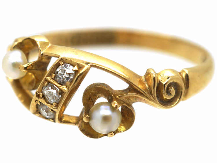 Edwardian 18ct Gold Natural Pearl & Diamond Ring