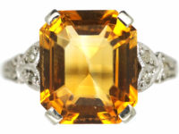 Art Deco 18ct White Gold & Platinum, Madeira Citrine & Diamond Ring