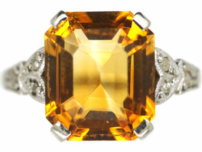 Art Deco 18ct White Gold & Platinum, Madeira Citrine & Diamond Ring