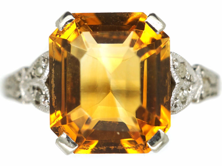 Art Deco 18ct White Gold & Platinum, Madeira Citrine & Diamond Ring