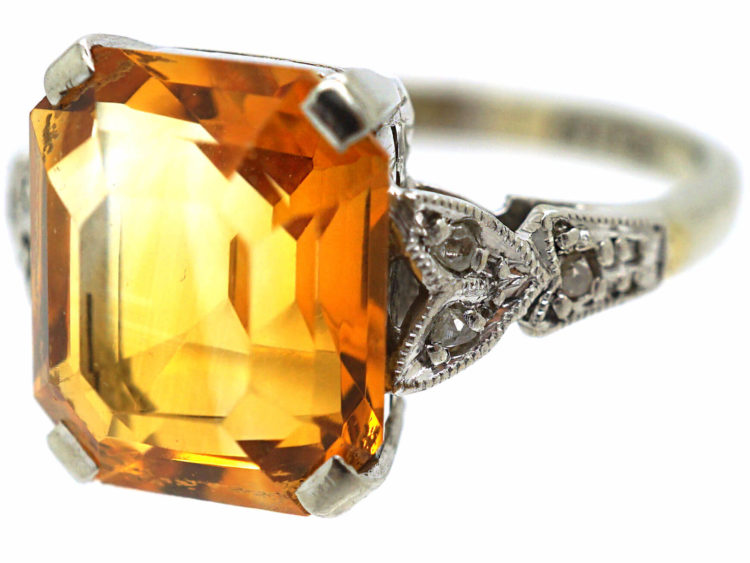 Art Deco 18ct White Gold & Platinum, Madeira Citrine & Diamond Ring