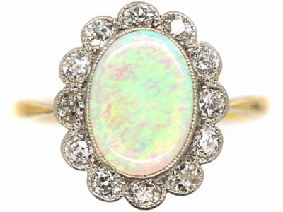 Edwardian 18ct Gold & Platinum, Opal & Diamond Cluster Ring