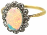 Edwardian 18ct Gold & Platinum, Opal & Diamond Cluster Ring