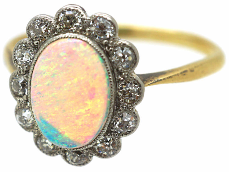 Edwardian 18ct Gold & Platinum, Opal & Diamond Cluster Ring