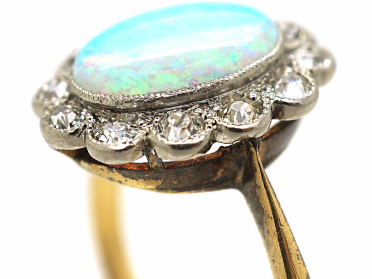 Edwardian 18ct Gold & Platinum, Opal & Diamond Cluster Ring