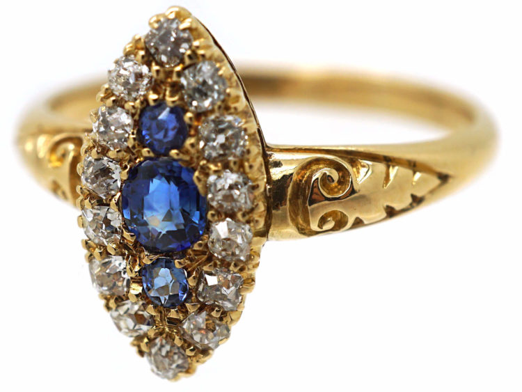 Victorian 18ct Gold Sapphire & Diamond Marquise Shaped Ring