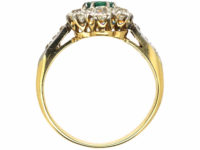 Edwardian 18ct Gold, Emerald & Diamond Cluster Ring with Diamond Set Shoulders