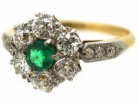 Edwardian 18ct Gold, Emerald & Diamond Cluster Ring with Diamond Set Shoulders