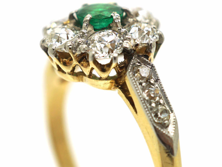 Edwardian 18ct Gold, Emerald & Diamond Cluster Ring with Diamond Set Shoulders