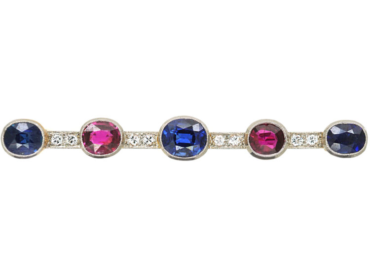 Art Deco 15ct Gold & Platinum Brooch set with Natural Sapphires & Rubies