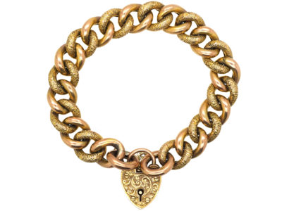 Edwardian 9ct Gold Bracelet with Plain & Decorated Curb Links & Ornate Padlock