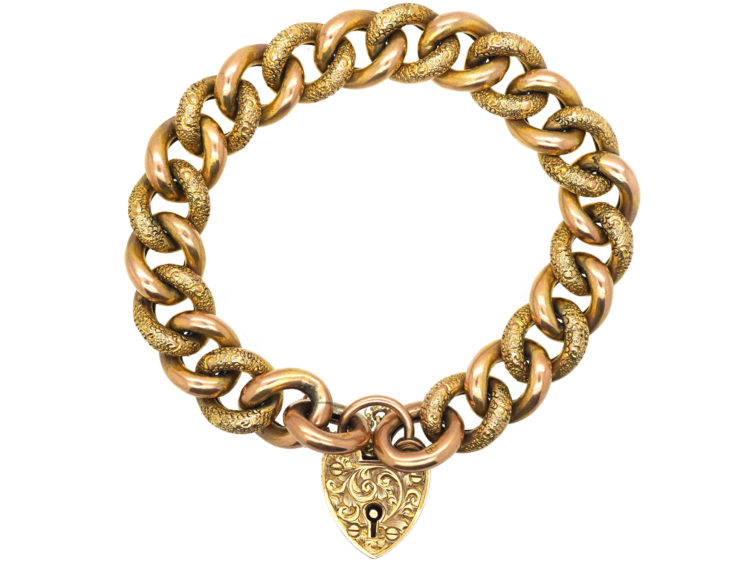 Edwardian 9ct Gold Bracelet with Plain & Decorated Curb Links & Ornate Padlock