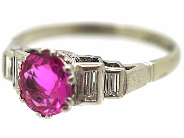 Art Deco 18ct White Gold & Platinum, Pink Sapphire & Diamond Ring