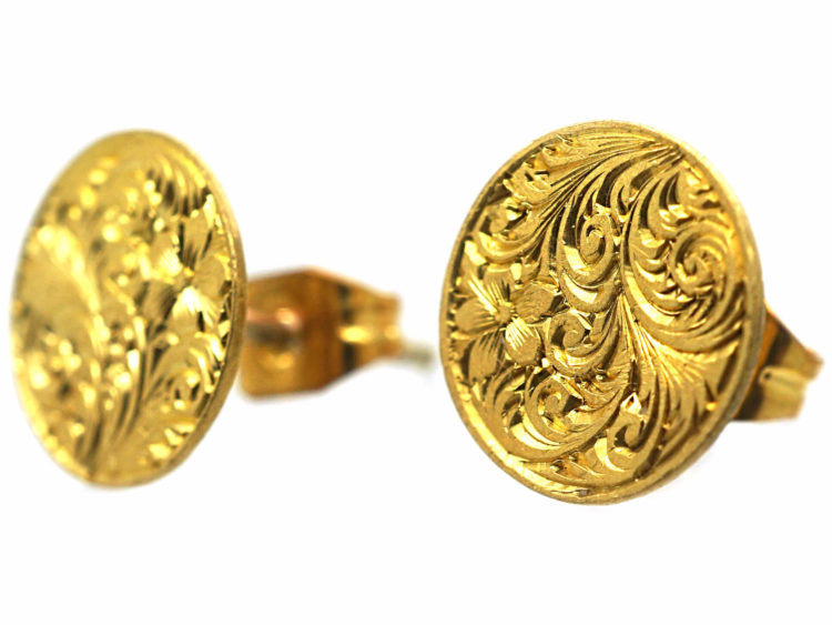 Victorian 15ct Gold Round Engraved Earrings