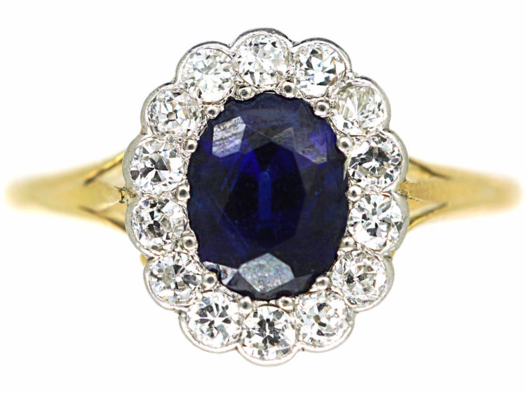 Edwardian 18ct Gold & Platinum, Sapphire & Diamond Oval Cluster Ring