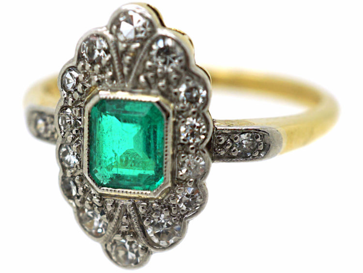 Art Deco 18ct Gold & Platinum, Emerald & Diamond Ring