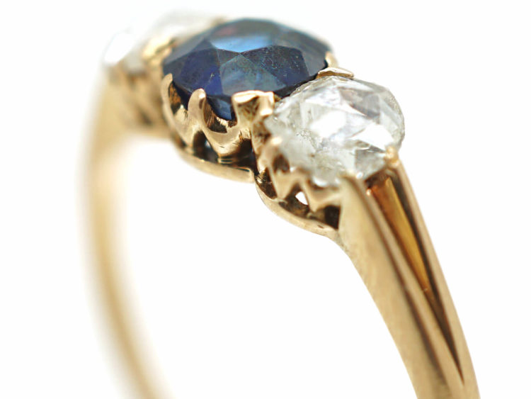 Edwardian 14ct Gold Rose Diamond & Sapphire Three Stone Ring