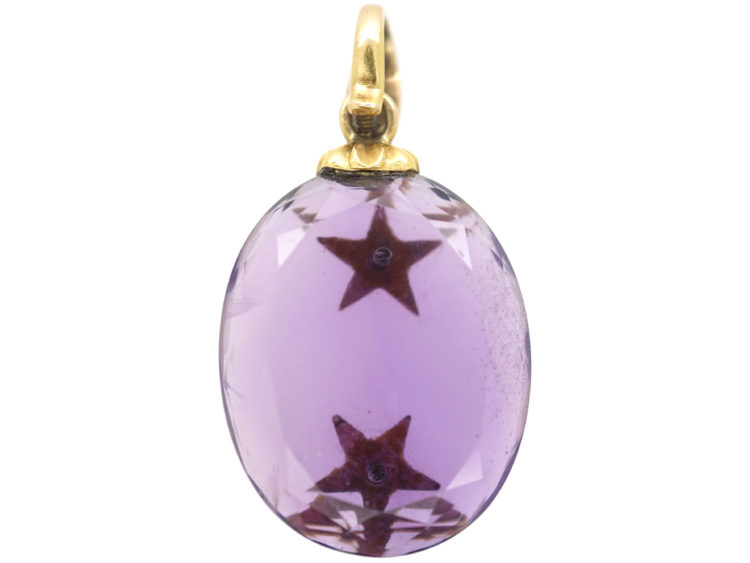 Victorian Oval Amethyst Pendant set with Two Rose Diamond Stars with Diamond Set Bale