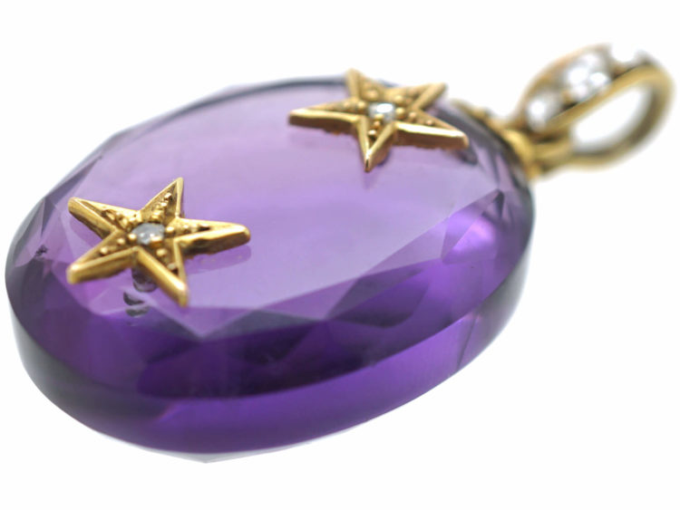 Victorian Oval Amethyst Pendant set with Two Rose Diamond Stars with Diamond Set Bale