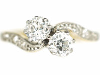 Edwardian 18ct Gold & Platinum Two Stone Diamond Crossover Ring with Diamond Set Shoulders