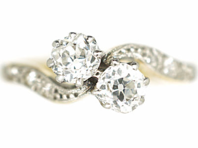 Edwardian 18ct Gold & Platinum Two Stone Diamond Crossover Ring with Diamond Set Shoulders
