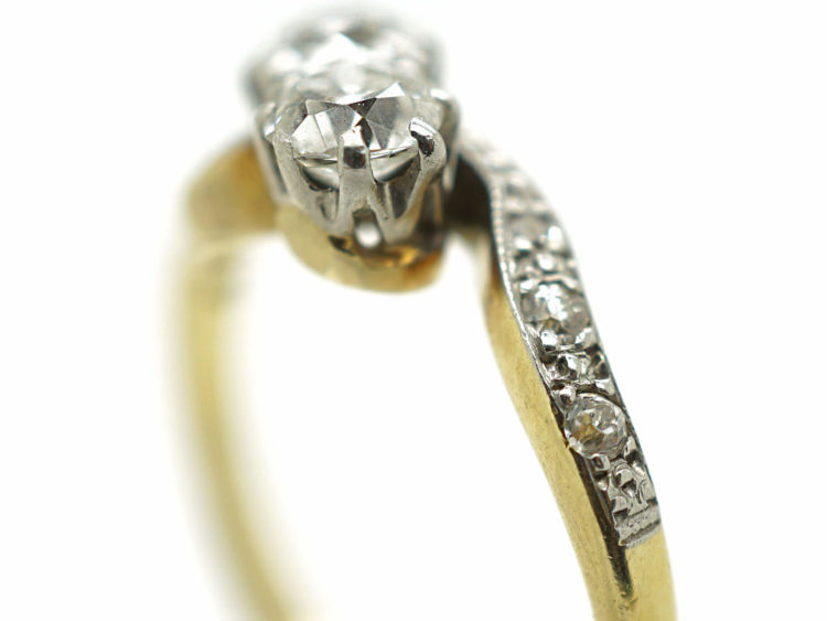 Edwardian 18ct Gold & Platinum Two Stone Diamond Crossover Ring with Diamond Set Shoulders