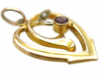 Edwardian 9ct Gold Heart Shaped Pendant set with a Garnet & Natural Split Pearls