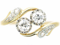 French 18ct Gold Two Stone Diamond Twist Ring with Diamond Set Shoulders
