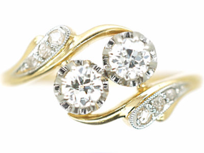 French 18ct Gold Two Stone Diamond Twist Ring with Diamond Set Shoulders