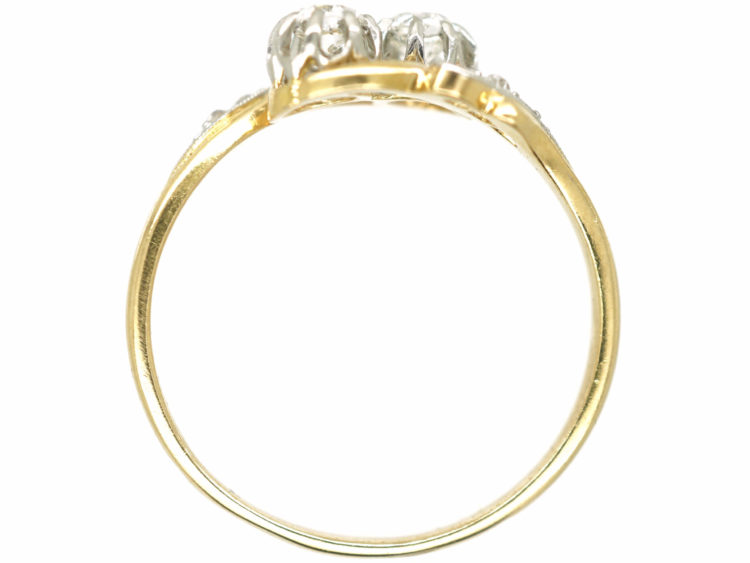 French 18ct Gold Two Stone Diamond Twist Ring with Diamond Set Shoulders