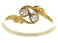 French 18ct Gold Two Stone Diamond Twist Ring with Diamond Set Shoulders