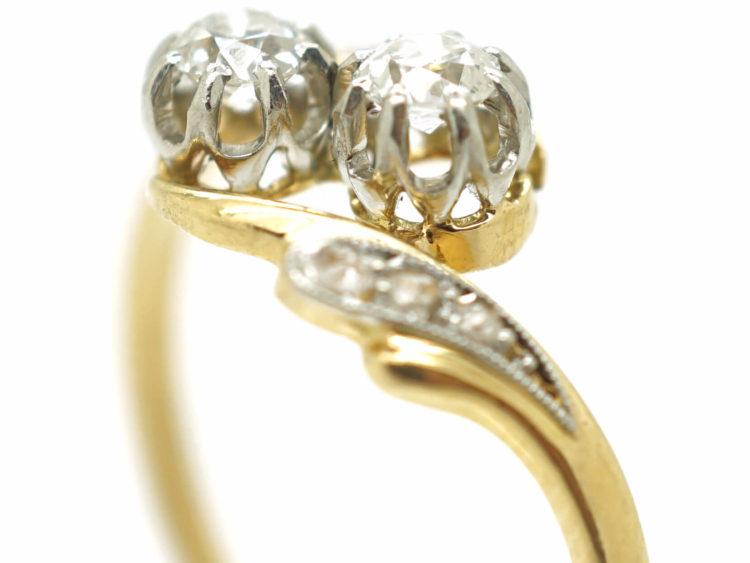 French 18ct Gold Two Stone Diamond Twist Ring with Diamond Set Shoulders