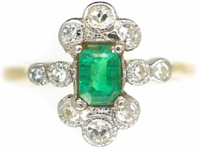 Art Deco 18ct Gold & Platinum, Emerald & Diamond Ring