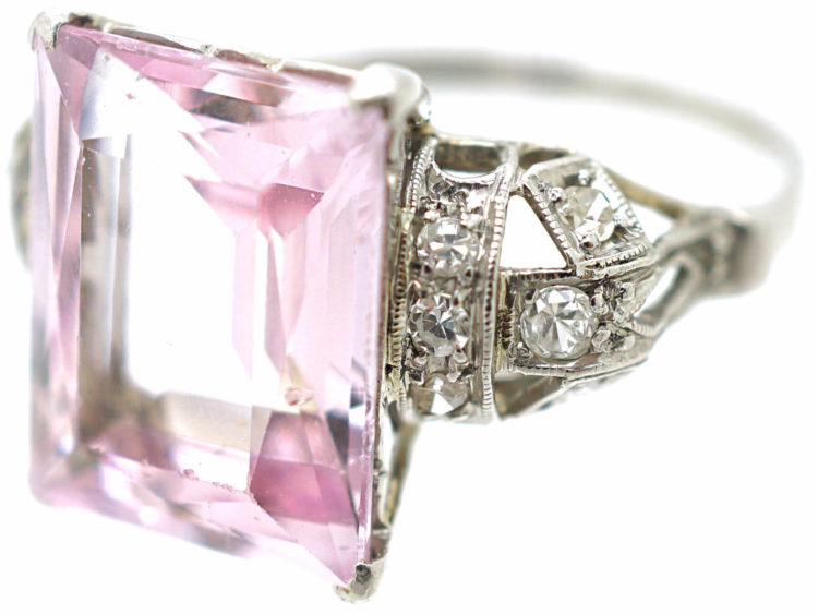 Art Deco Platinum & Rose de France Rectangular Amethyst Ring