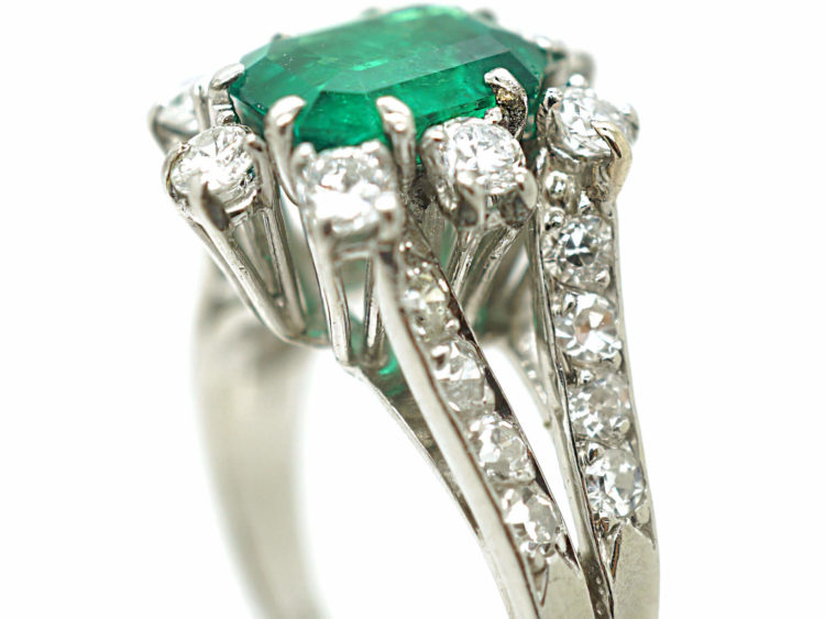 French Platinum Diamond & Emerald Ring