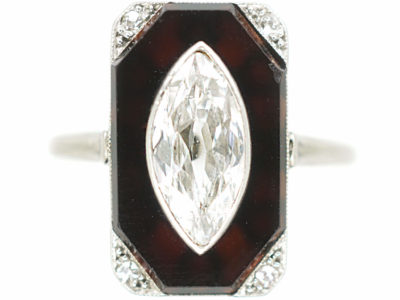 Art Deco Platinum Onyx & Marquise Diamond Rectangular Shaped Ring