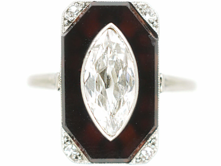Art Deco Platinum Onyx & Marquise Diamond Rectangular Shaped Ring