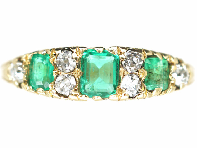 Victorian 18ct Gold Three Stone Emerald & Diamond Carved Half Hoop Ring