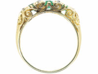 Victorian 18ct Gold Three Stone Emerald & Diamond Carved Half Hoop Ring