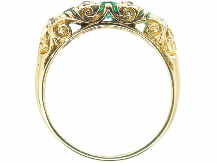 Victorian 18ct Gold Three Stone Emerald & Diamond Carved Half Hoop Ring