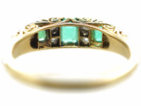 Victorian 18ct Gold Three Stone Emerald & Diamond Carved Half Hoop Ring