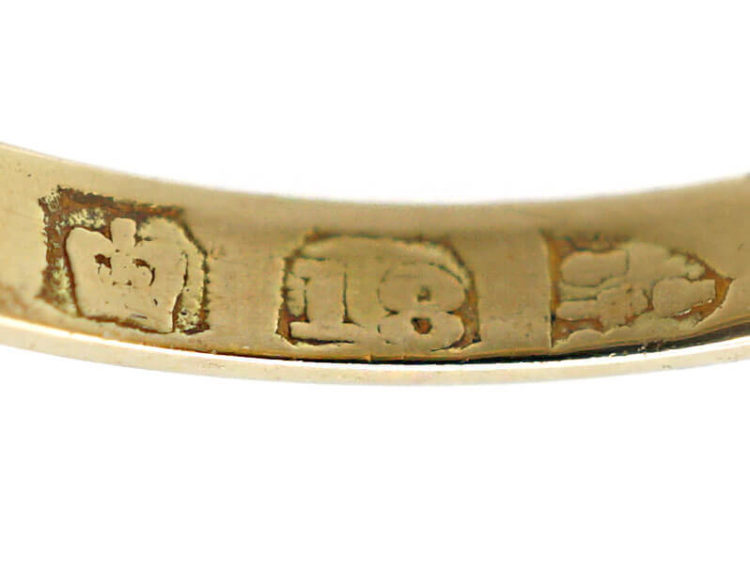 Victorian 18ct Gold Three Stone Emerald & Diamond Carved Half Hoop Ring
