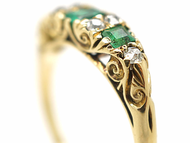 Victorian 18ct Gold Three Stone Emerald & Diamond Carved Half Hoop Ring
