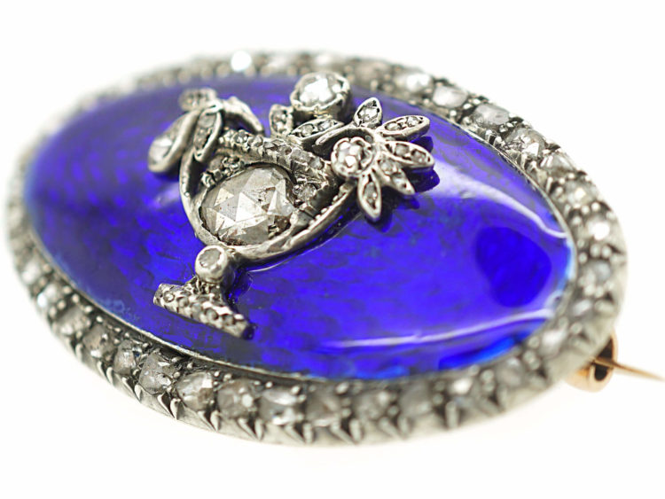 Georgian 15ct Gold, Rose Diamond & Blue Enamel Brooch with Flower Basket Motif