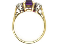 Art Deco 18ct Gold & Platinum, Rectangular Cut Amethyst & Diamond Three Stone Ring