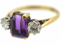 Art Deco 18ct Gold & Platinum, Rectangular Cut Amethyst & Diamond Three Stone Ring