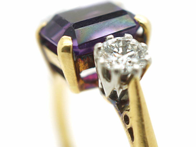 Art Deco 18ct Gold & Platinum, Rectangular Cut Amethyst & Diamond Three Stone Ring