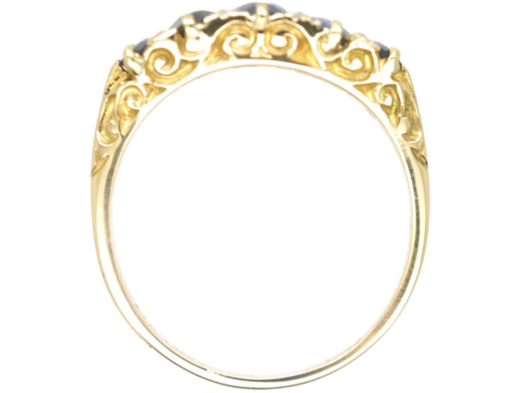 Victorian 18ct Gold Five Stone Sapphire & Rose Diamond Carved Half Hoop Ring