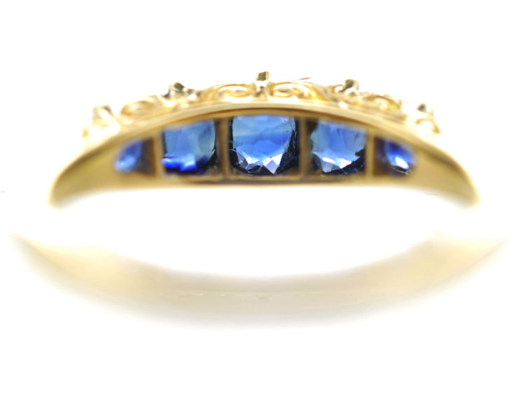 Victorian 18ct Gold Five Stone Sapphire & Rose Diamond Carved Half Hoop Ring
